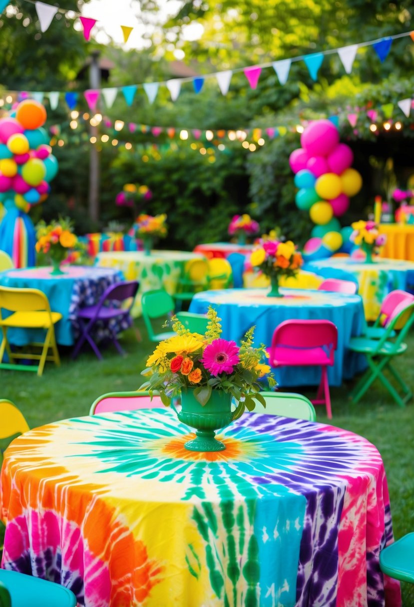 A vibrant garden party with colorful tie-dye tablecloths, surrounded by retro 70s decorations and lush greenery