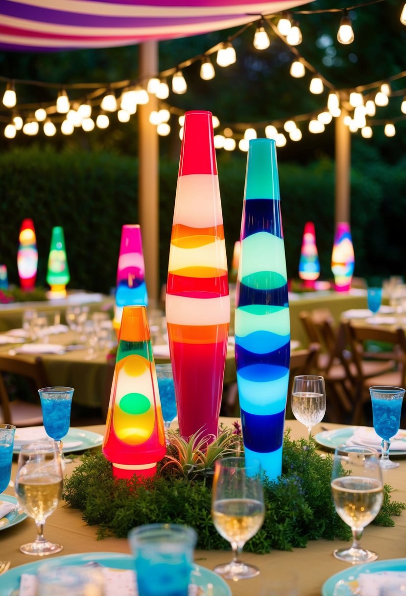 A garden party with lava lamp centerpieces illuminating the 70s themed decor