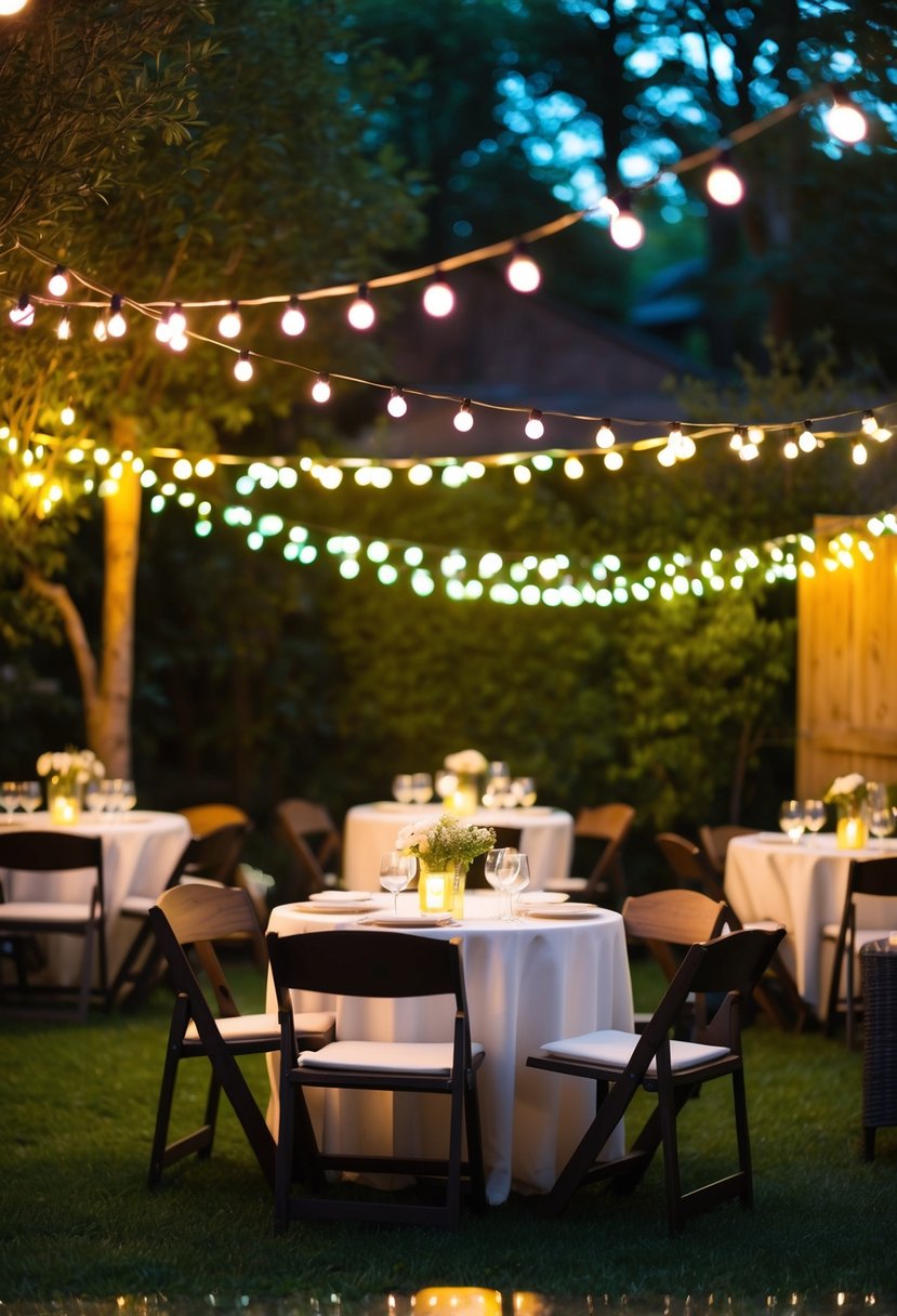 A cozy outdoor garden with bistro string lights crisscrossing above tables and chairs, creating a warm and inviting ambiance for a party