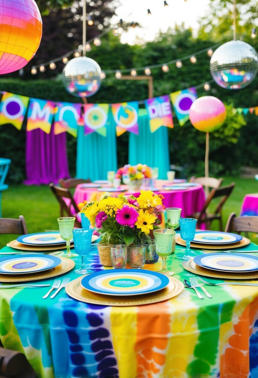 A colorful garden party scene with mood ring invitations, disco balls, and tie-dye banners creating a 70s themed atmosphere