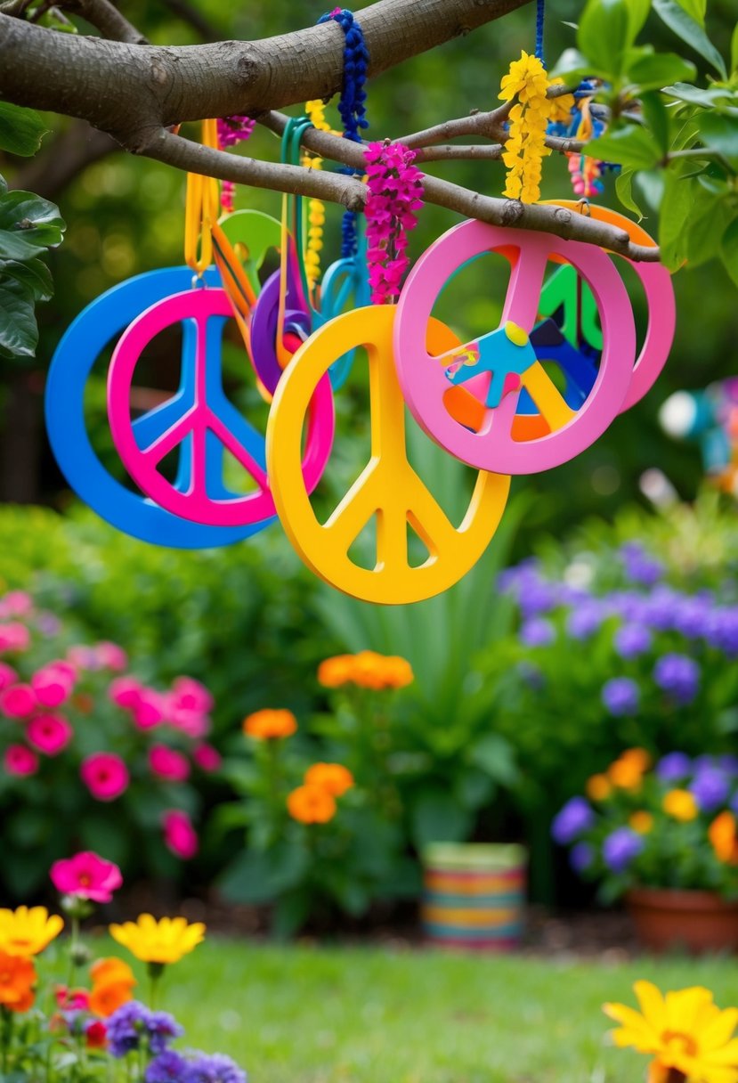 Colorful peace signs hang from tree branches in a lush garden, surrounded by vibrant flowers and retro 70s decor
