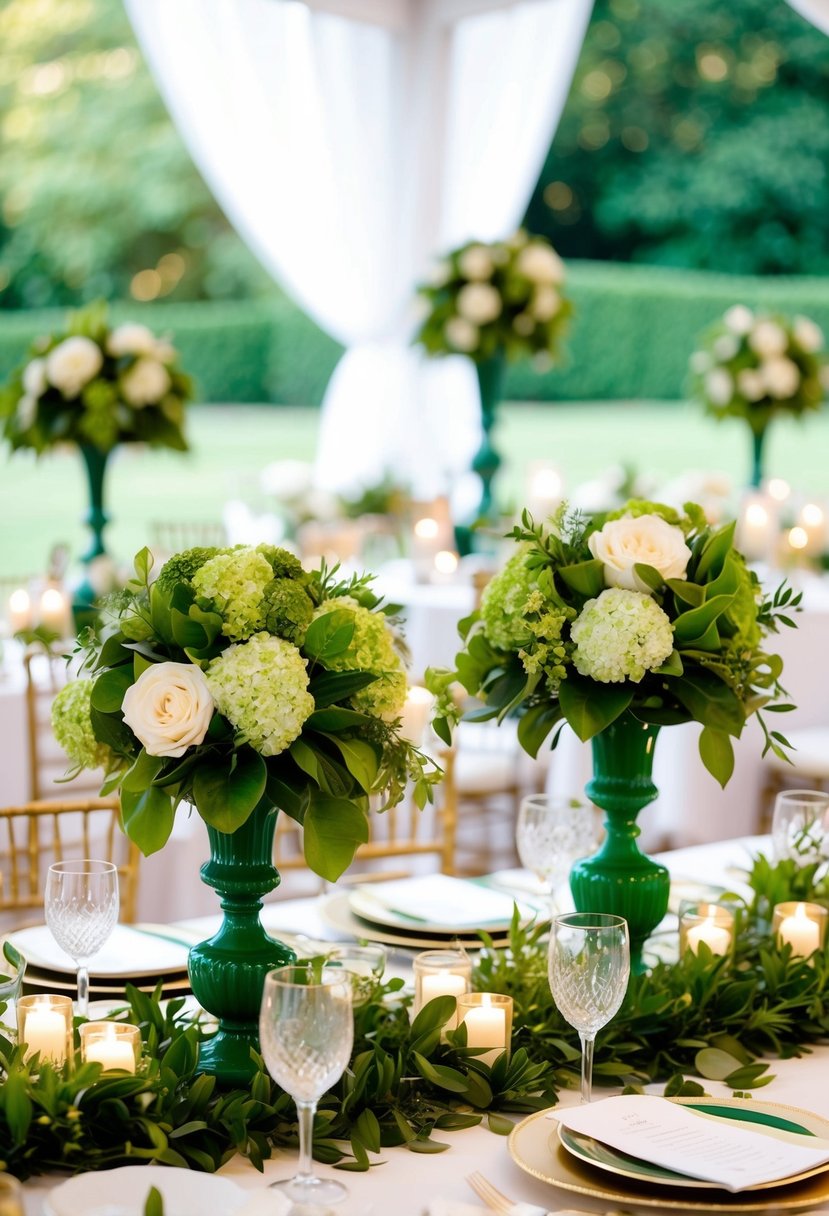 Lush green centerpieces adorn an elegant garden party setting