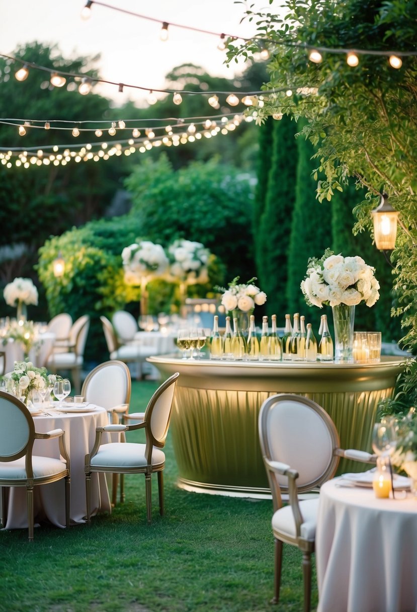 A garden party at an outdoor champagne bar with elegant seating, twinkling lights, and lush greenery creating a sophisticated and inviting atmosphere