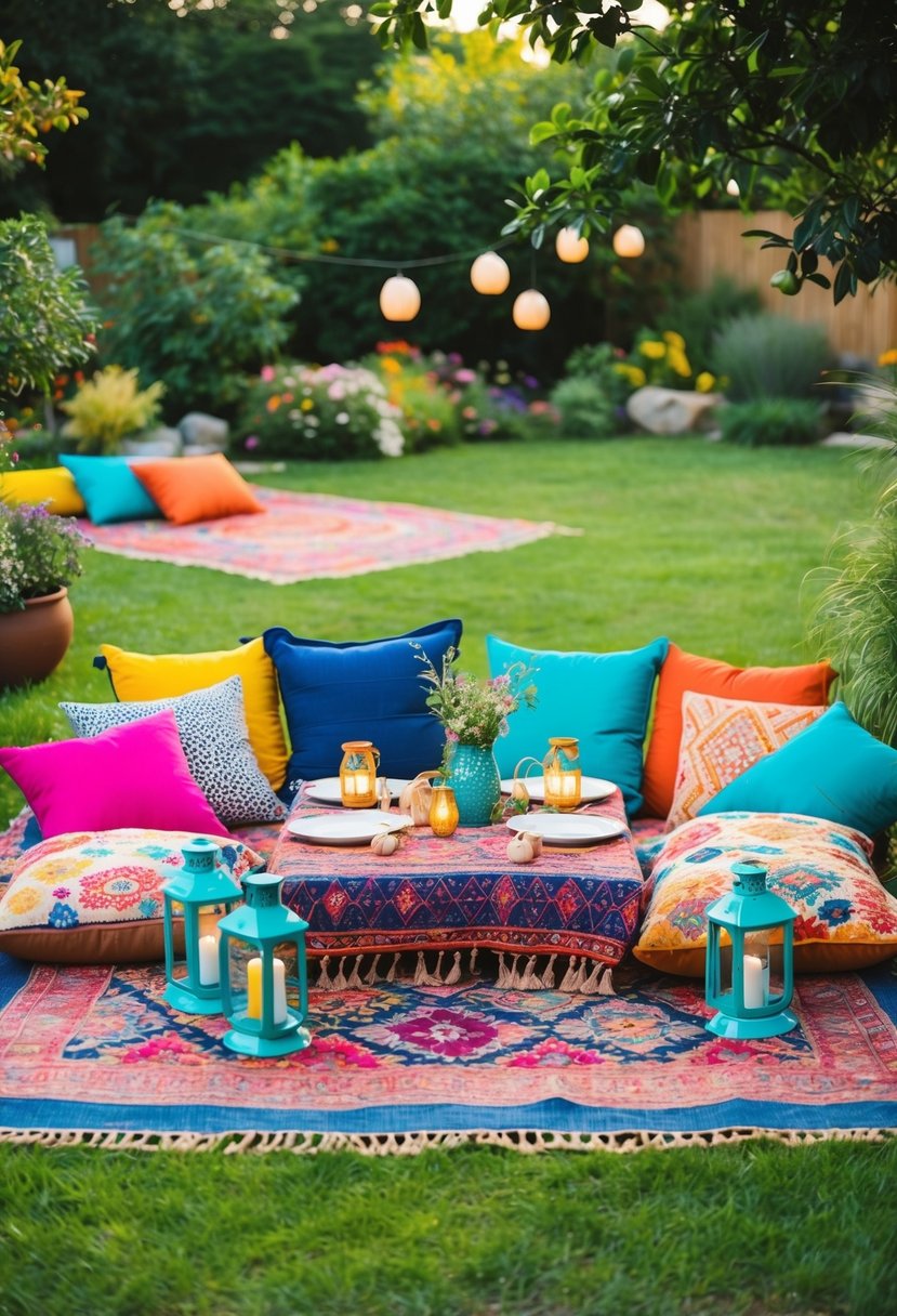 A colorful bohemian picnic setup in a lush garden with cushions, rugs, low tables, and lanterns