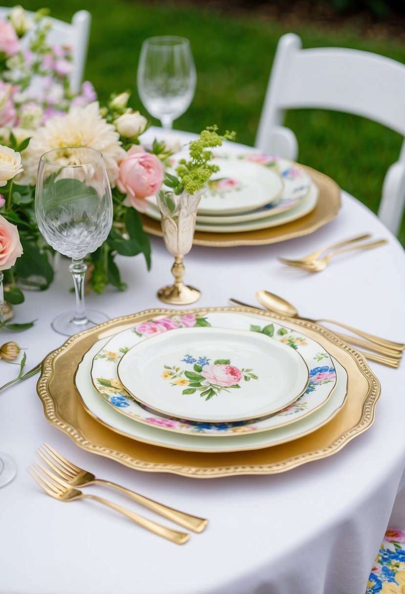 A table set with floral print napkins, delicate china, and fresh flowers for an elegant garden party