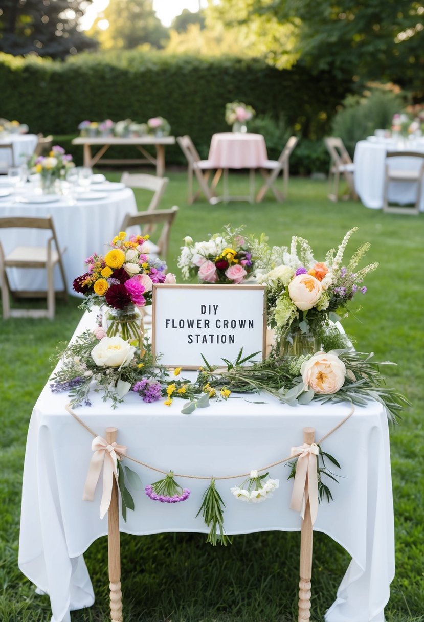 A table with assorted flowers, greenery, and ribbon. A sign reads "DIY Flower Crown Station." Tables and chairs fill the garden
