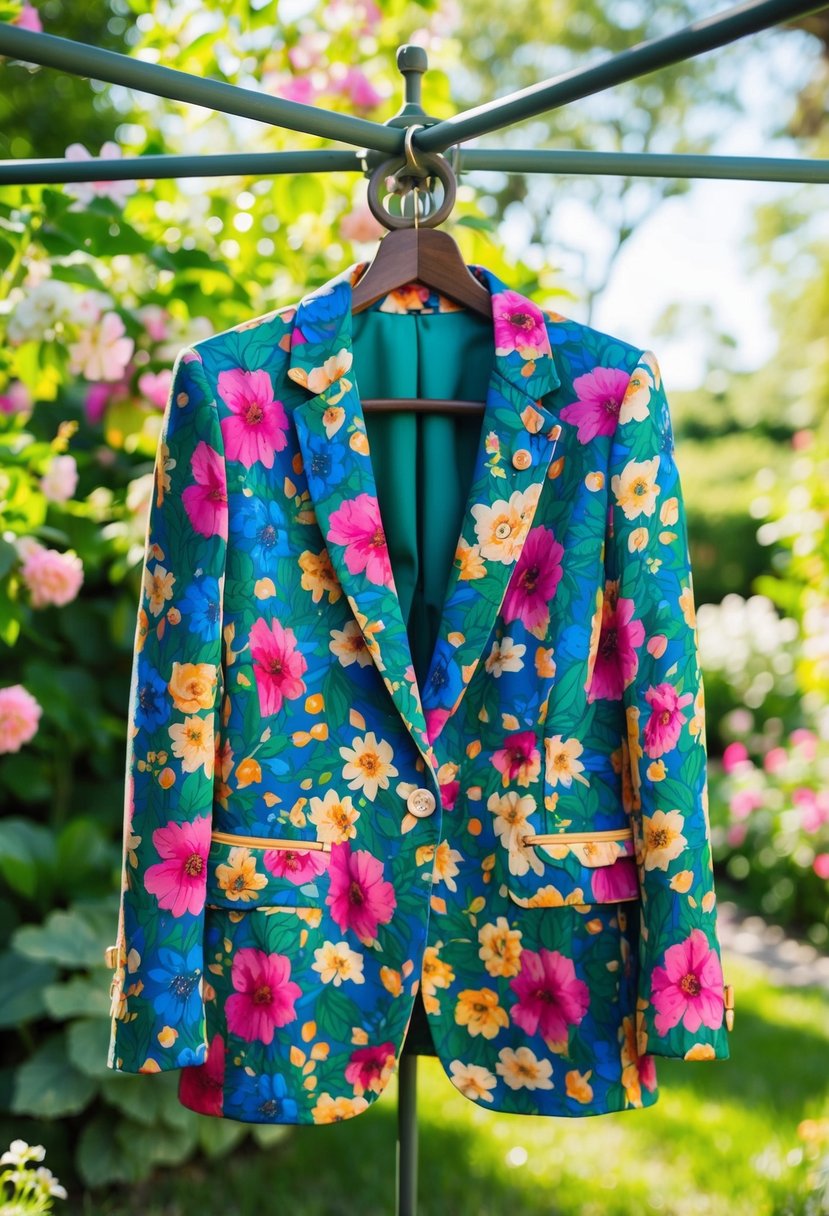A colorful floral blazer hangs on a vintage coat rack in a lush garden setting with blooming flowers and dappled sunlight