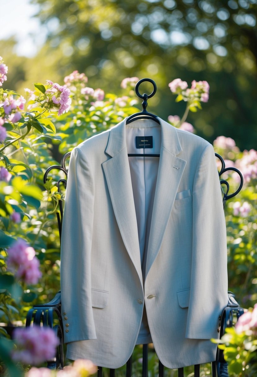 A linen tailored jacket draped over a wrought iron garden chair, surrounded by blooming flowers and a dappled sunlight