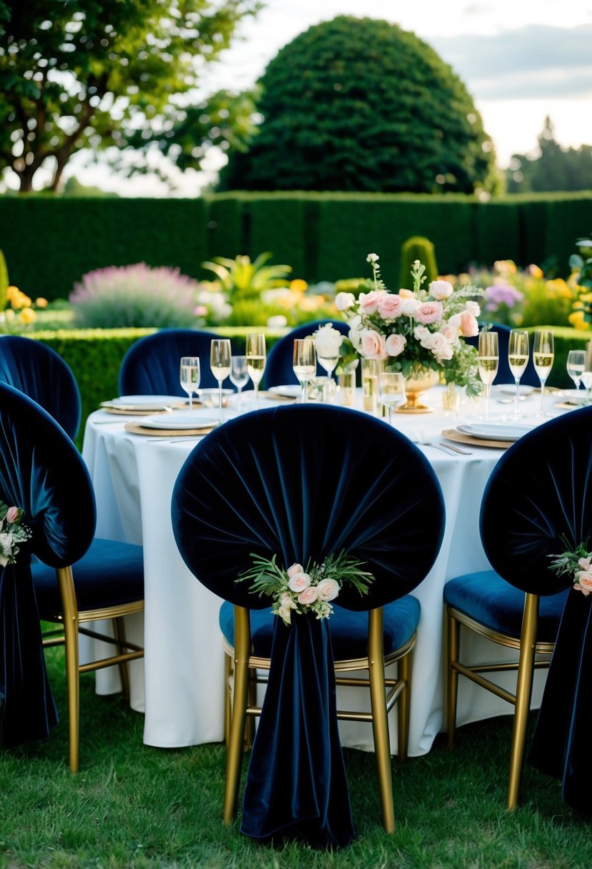 A lush garden setting with a table adorned with flowers, champagne glasses, and elegant velvet puff-sleeve blazers draped over chairs