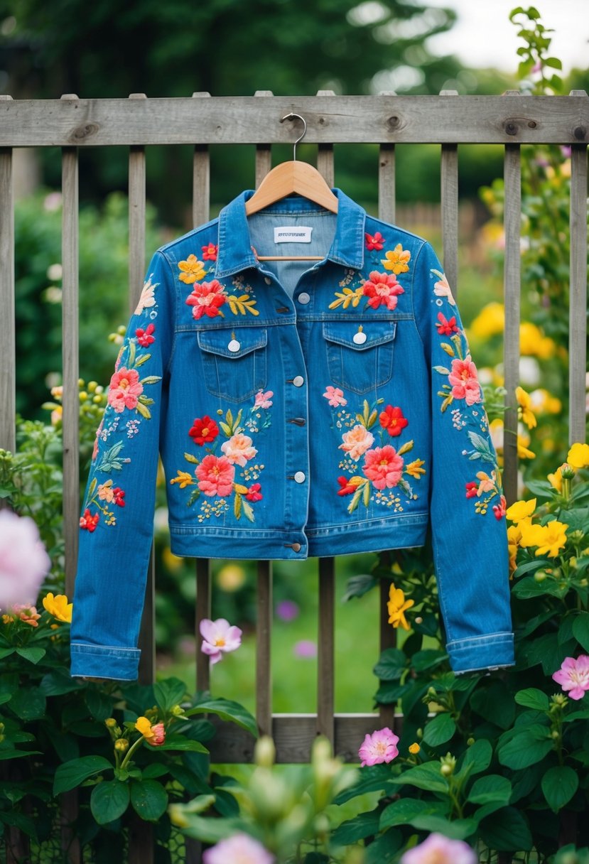 A floral embroidered denim jacket hangs on a garden fence, surrounded by blooming flowers and greenery