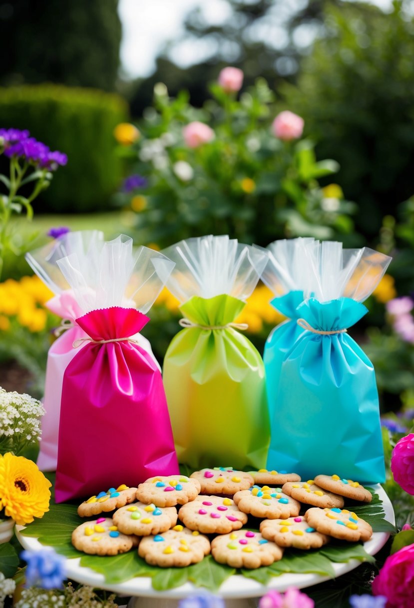 Colorful cookie favor bags arranged in a garden setting, surrounded by flowers and greenery. A festive and elegant scene for a hen celebration