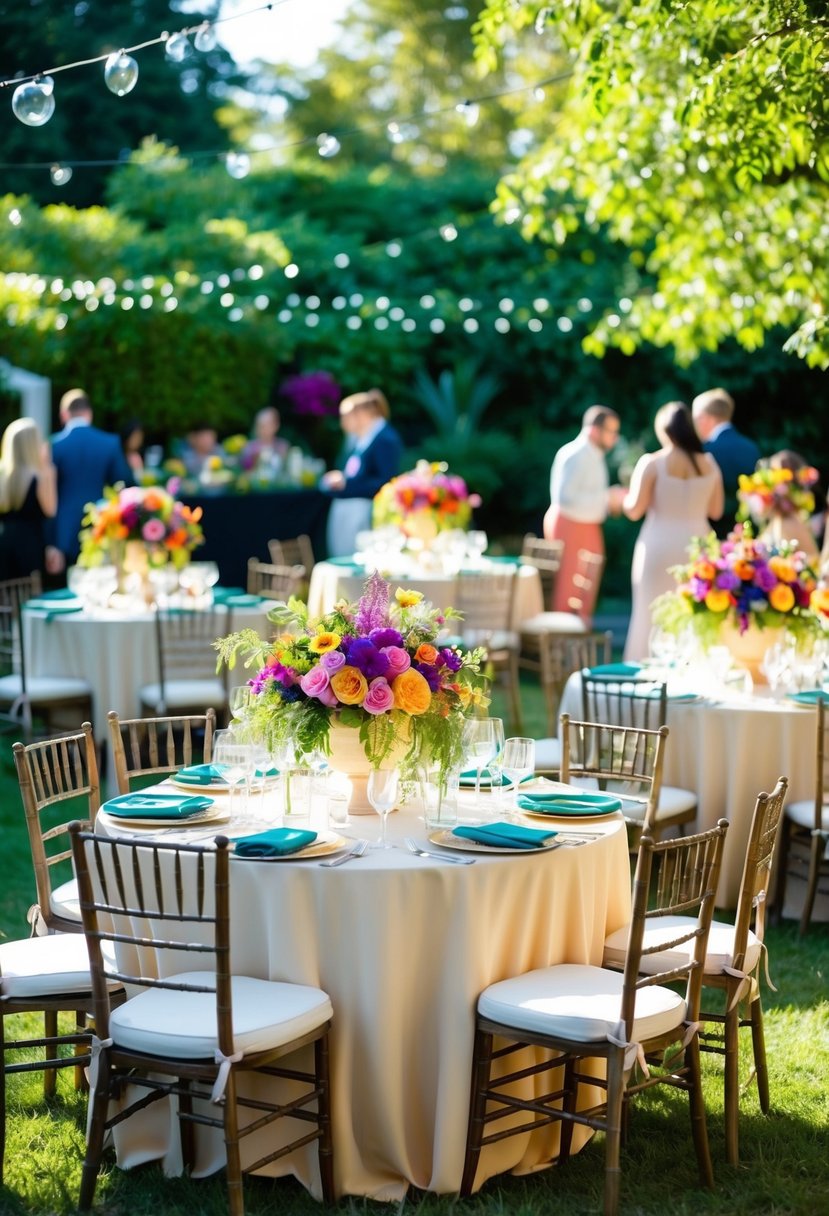 A garden party with colorful floral centerpieces adorning tables, surrounded by lush greenery and dappled sunlight