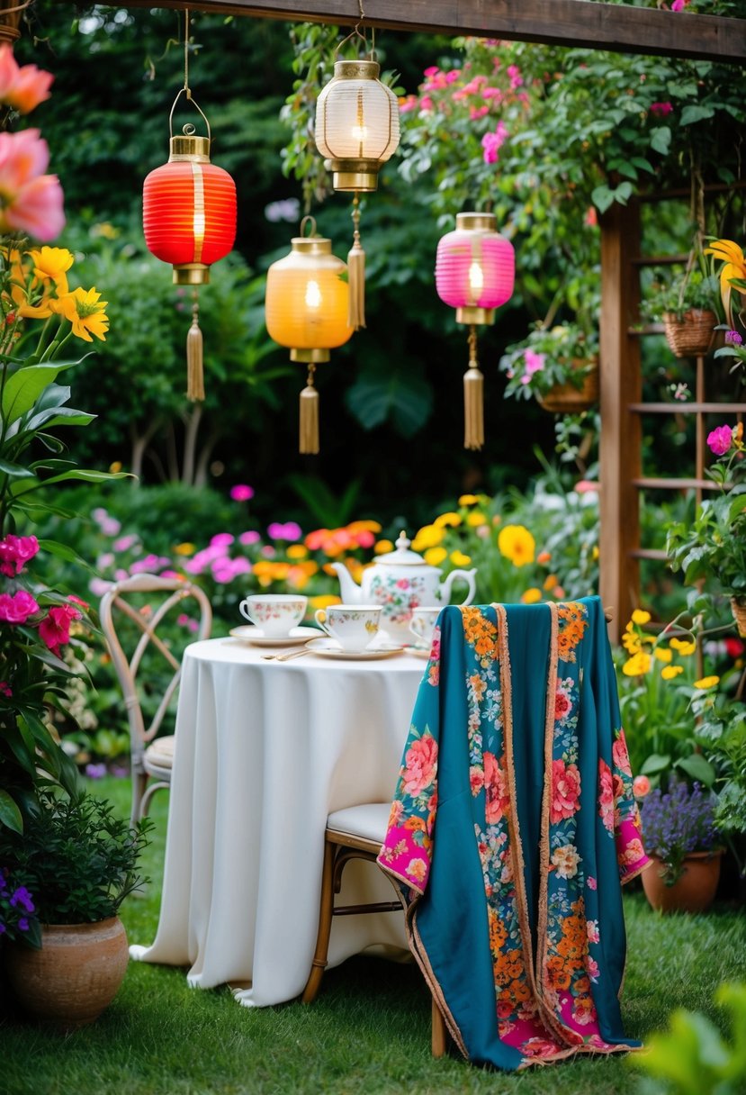 A lush garden with colorful flowers and hanging lanterns, a table set with vintage teacups and a bohemian kimono-style jacket draped over a chair