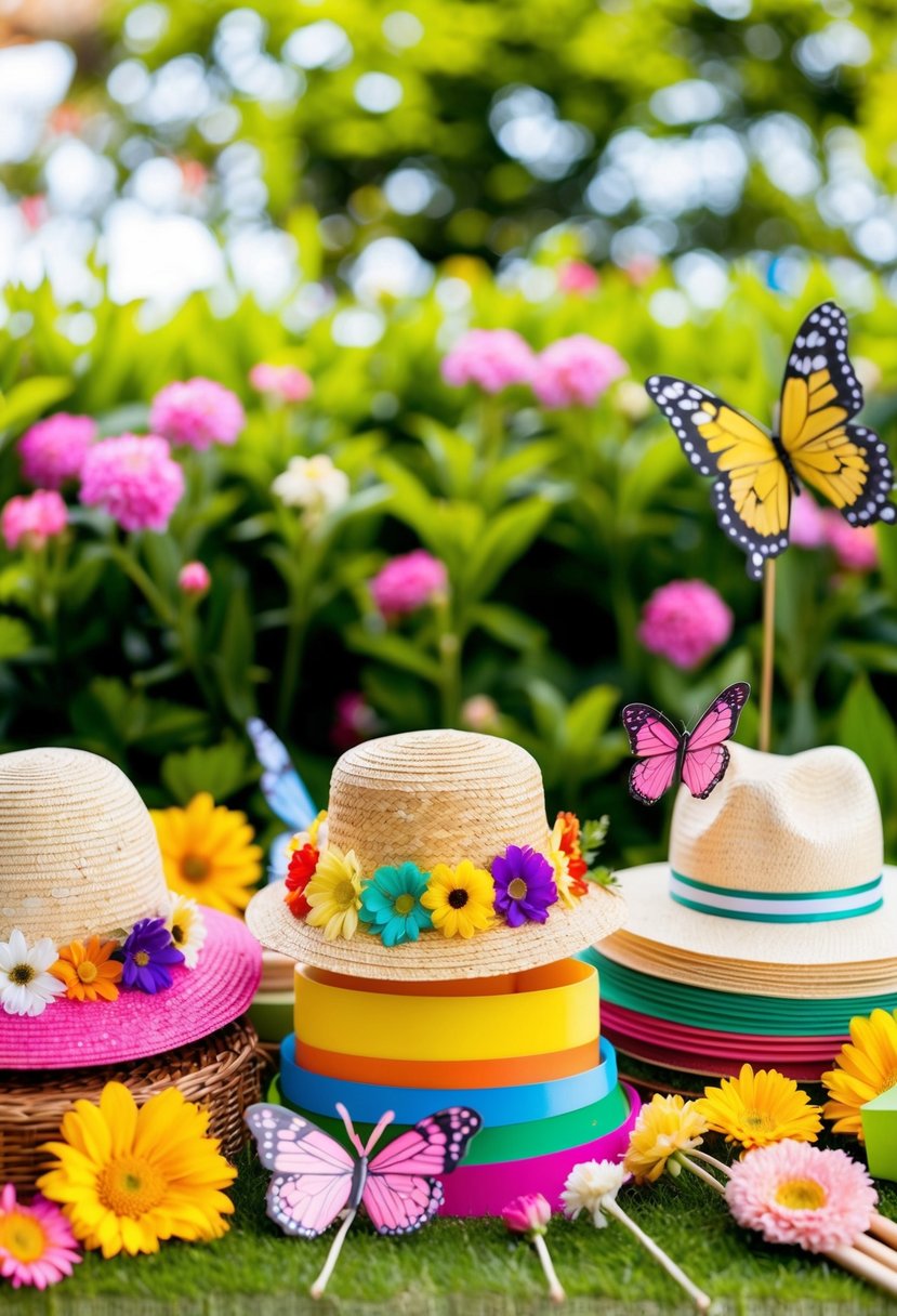A colorful array of garden-themed props, including flower crowns, butterfly wings, and straw hats, set against a backdrop of lush greenery and blooming flowers