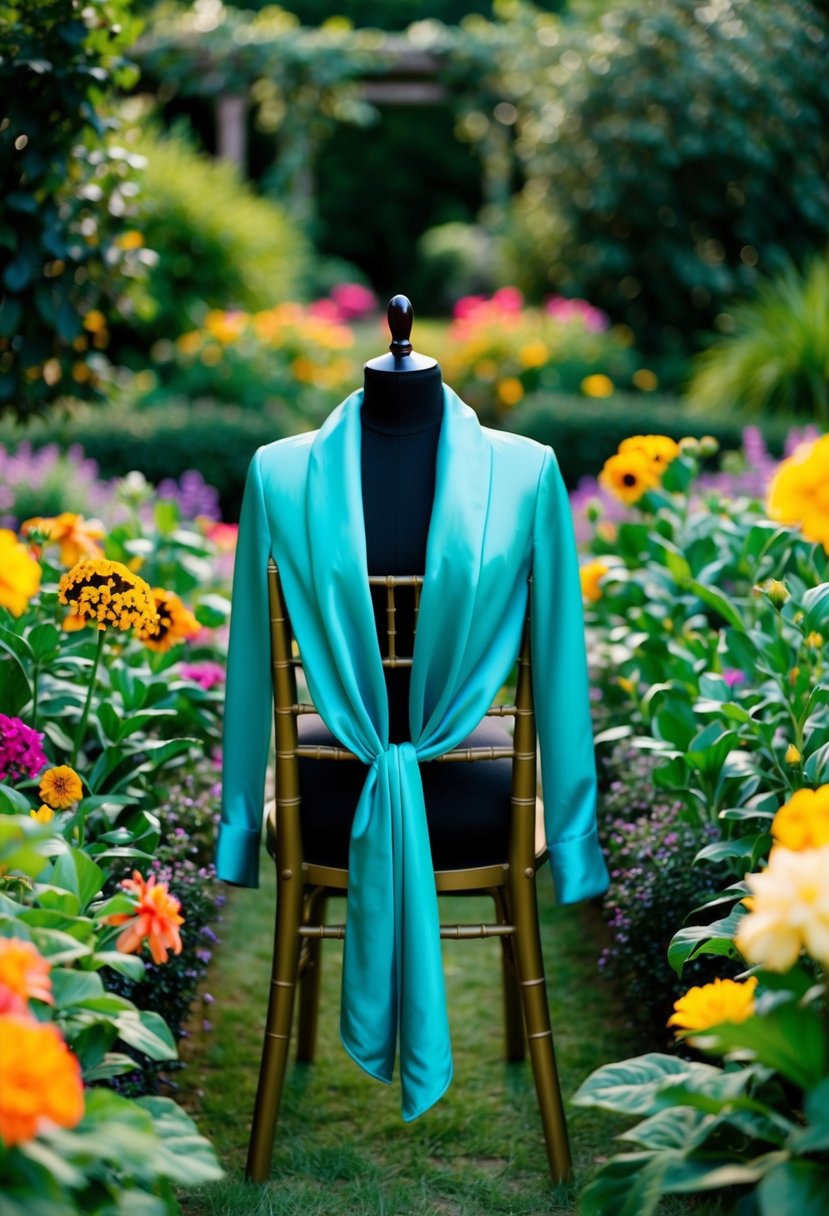A lush garden setting with a stylish satin shawl collar jacket draped over a chair, surrounded by colorful flowers and greenery