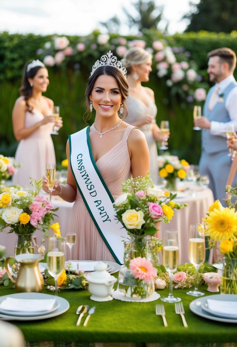 A garden party with a customized sash and tiara, surrounded by flowers, champagne, and elegant decor