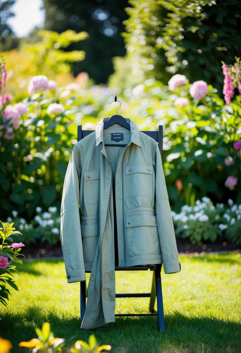 A lightweight utility jacket draped over a chair in a lush garden setting, surrounded by blooming flowers and dappled sunlight