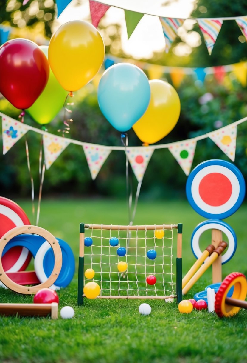 A scene of vintage garden games at a birthday celebration, with bunting, balloons, and a variety of classic outdoor games like croquet and ring toss
