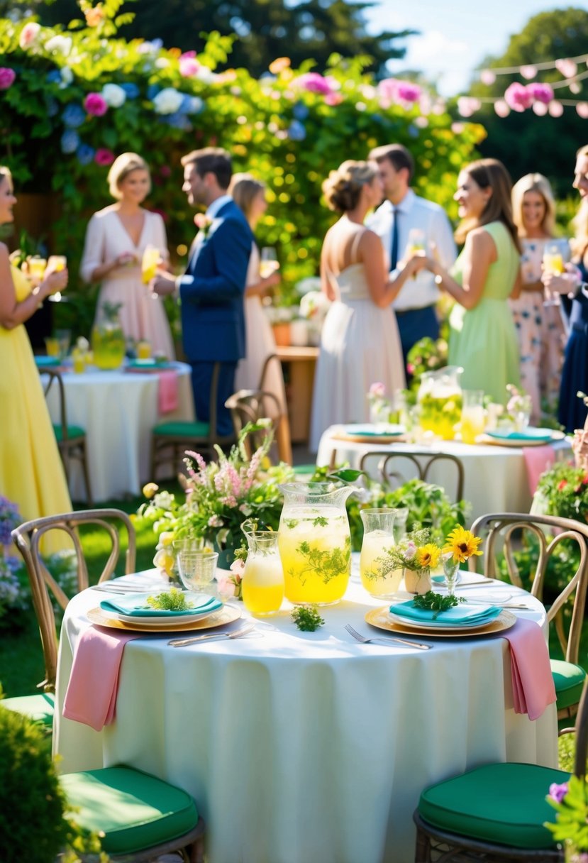 A colorful garden party with herb-infused lemonade, surrounded by blooming flowers and lush greenery. Tables adorned with elegant decorations and guests mingling in the sunshine