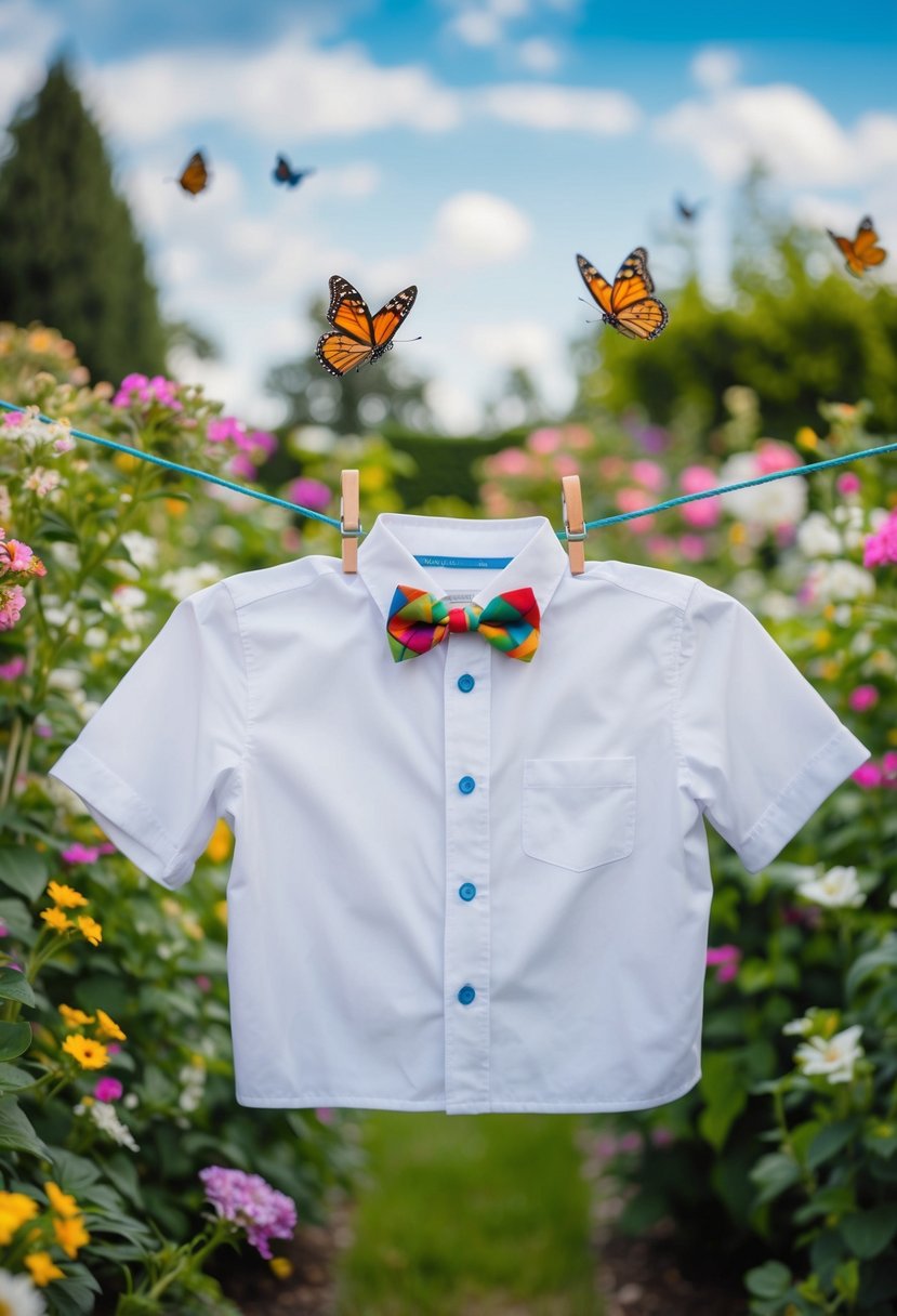 A button-up shirt with a colorful bow tie hangs on a clothesline in a garden filled with blooming flowers and fluttering butterflies