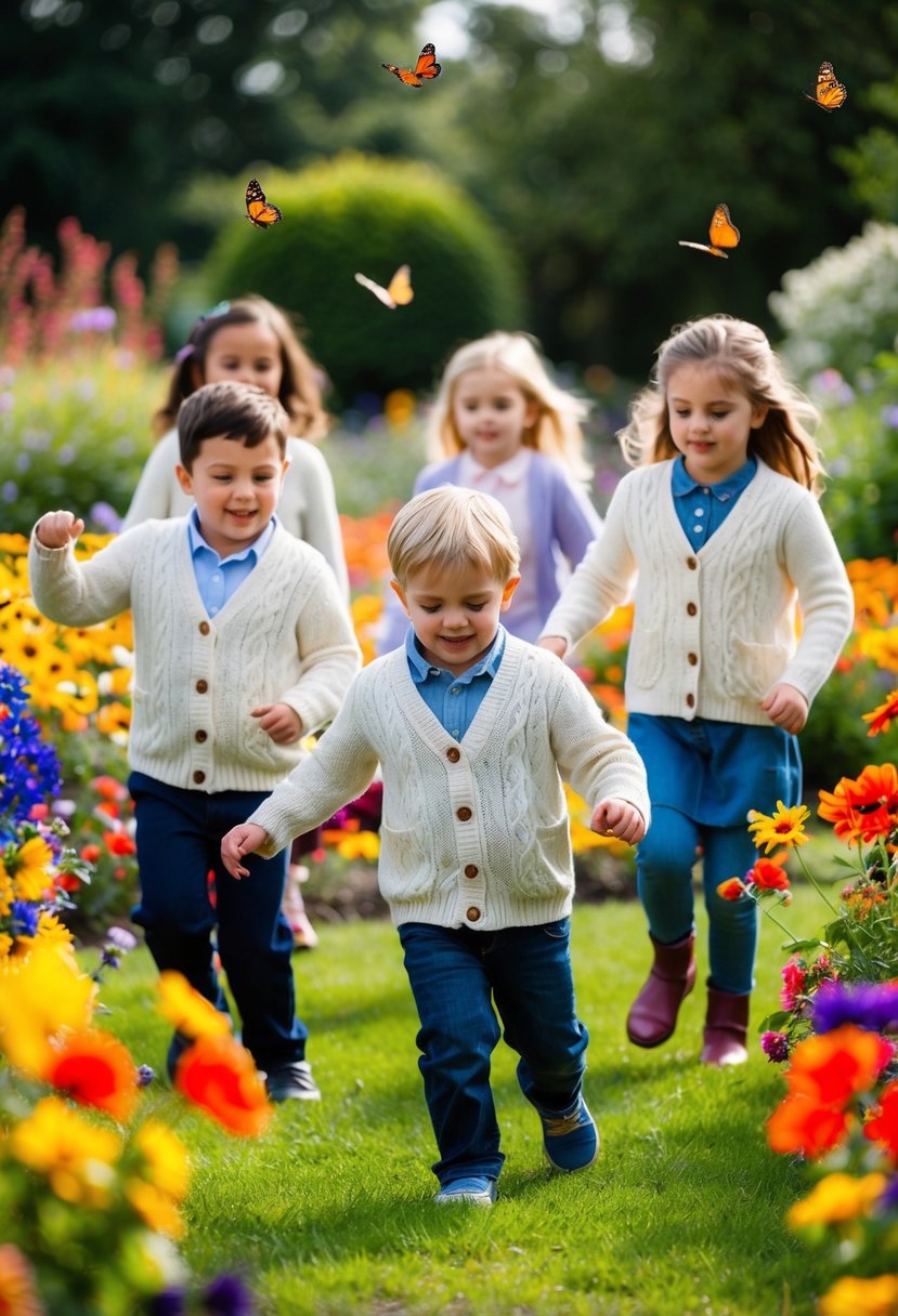 A group of children wearing lightweight cardigans play in a garden filled with colorful flowers and fluttering butterflies