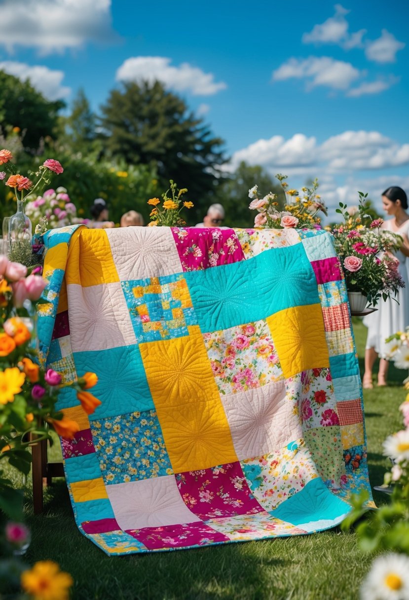 A colorful patchwork quilt featuring a variety of floral patterns, surrounded by a garden party with blooming flowers and a sunny sky