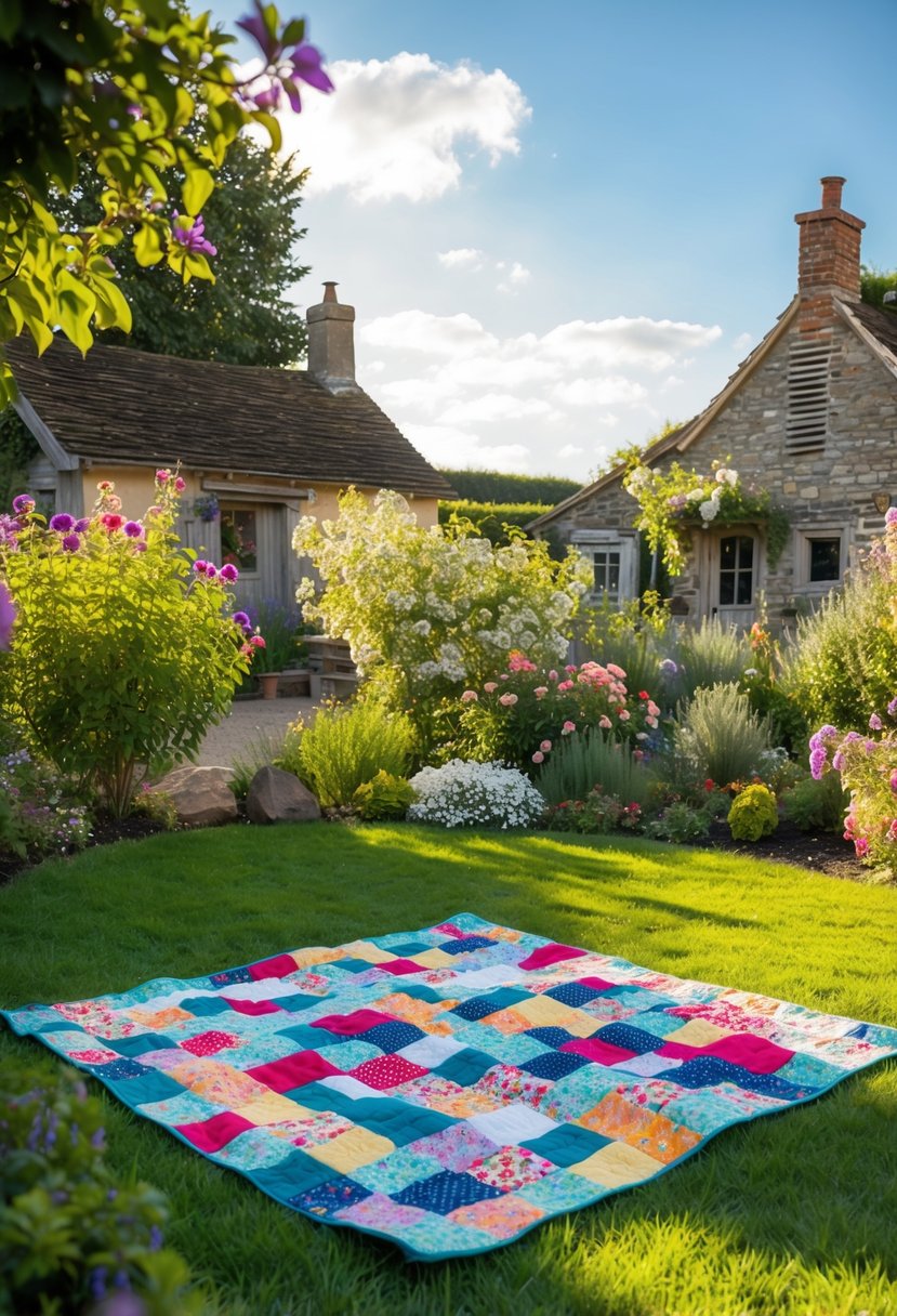 A cozy, sun-dappled garden with a colorful patchwork quilt spread out on the grass, surrounded by blooming flowers and rustic cottages