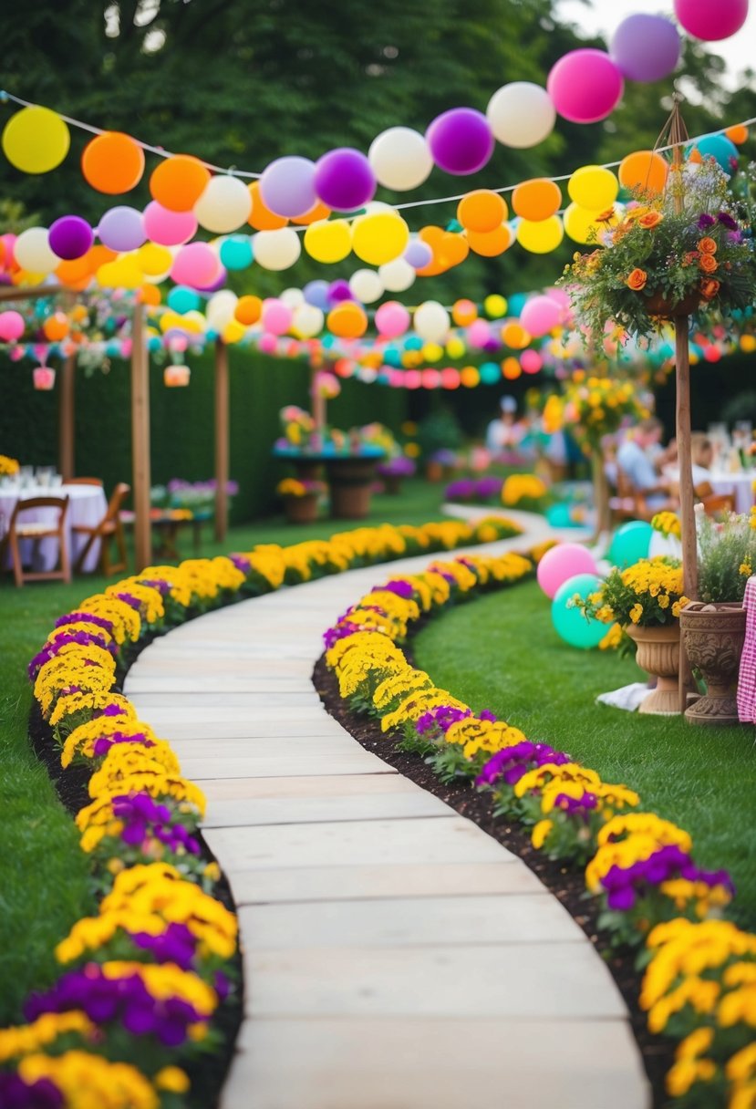 A winding garden pathway lined with colorful flowers and whimsical decorations leads to a charming outdoor party