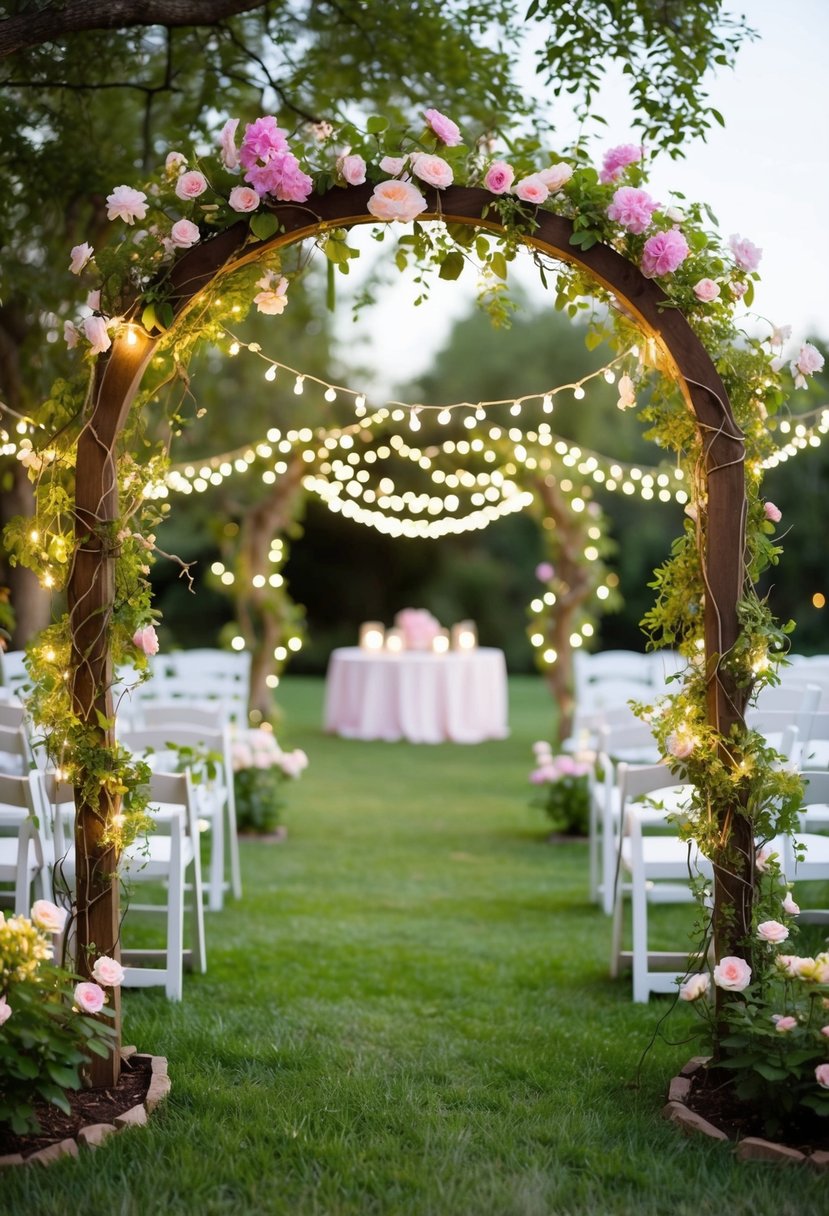 A whimsical arbor with blooming flowers, winding vines, and twinkling fairy lights creates a dreamy garden party atmosphere