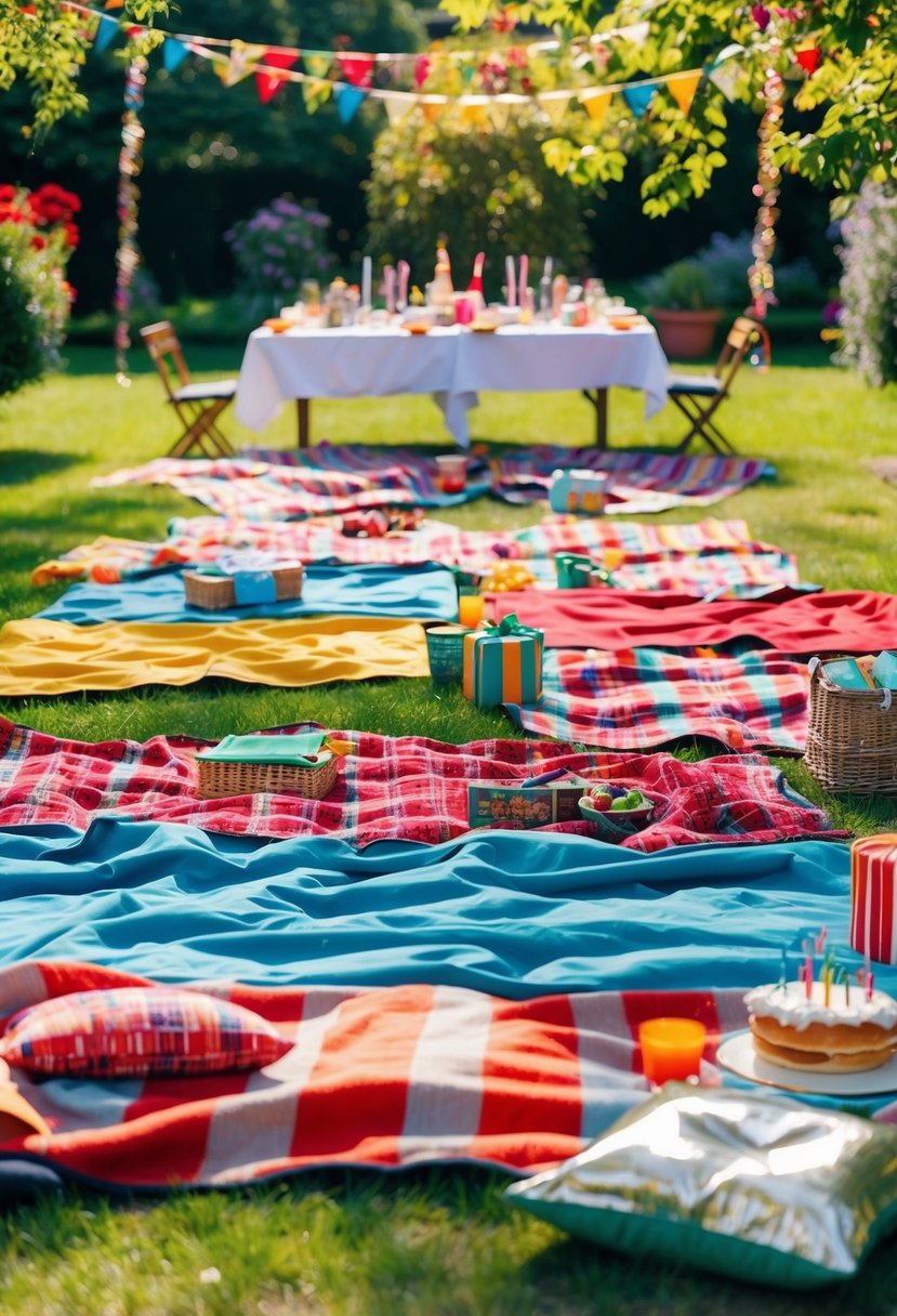 Colorful picnic blankets spread out in a sun-dappled garden, surrounded by festive decorations and tables set for a birthday celebration