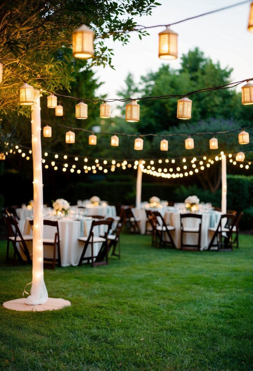 A garden adorned with string light lanterns, creating a warm and romantic ambiance for a wedding party