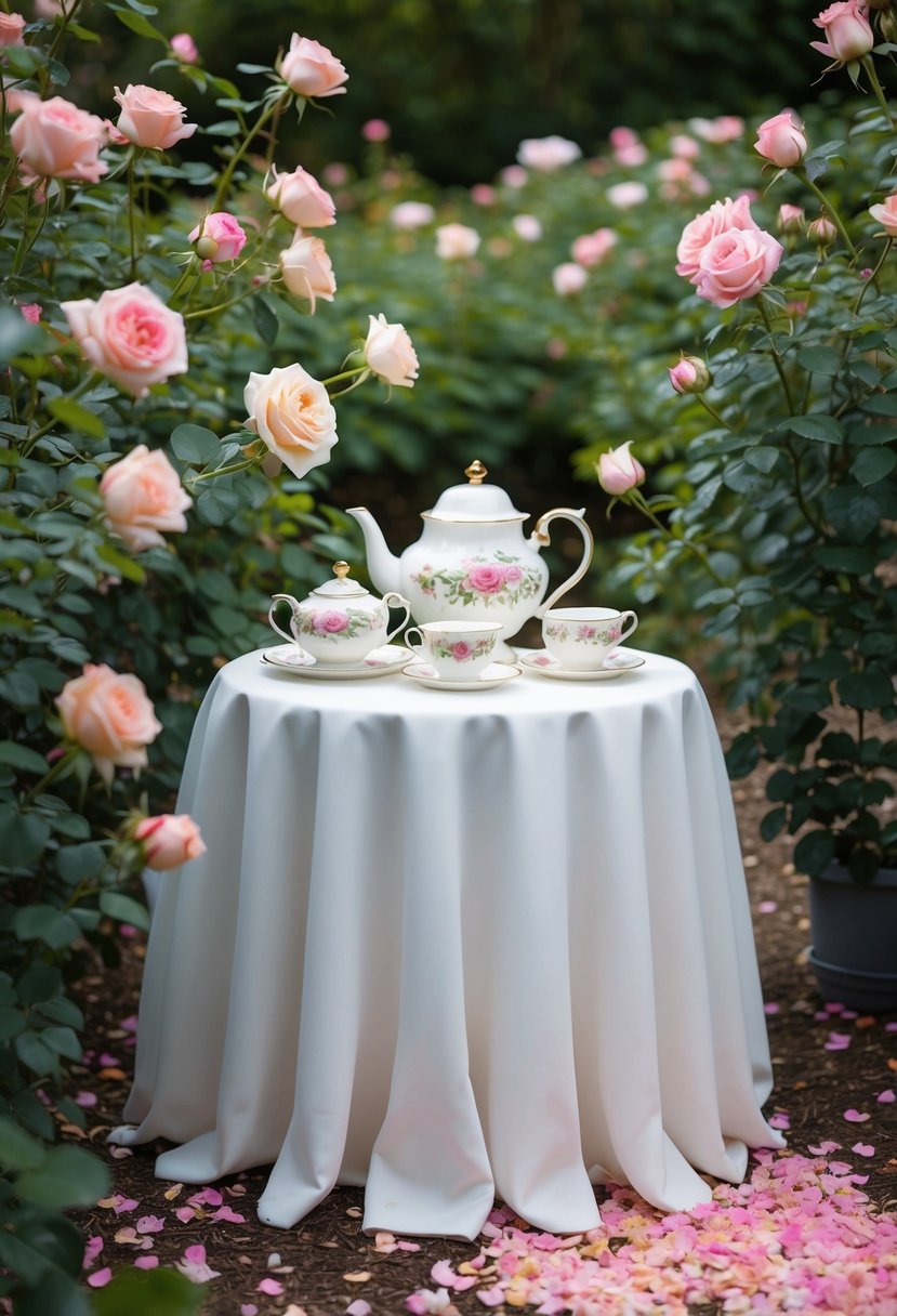 A charming tea set arranged on a table in a lush rose garden, surrounded by blooming roses and delicate pink petals scattered on the ground
