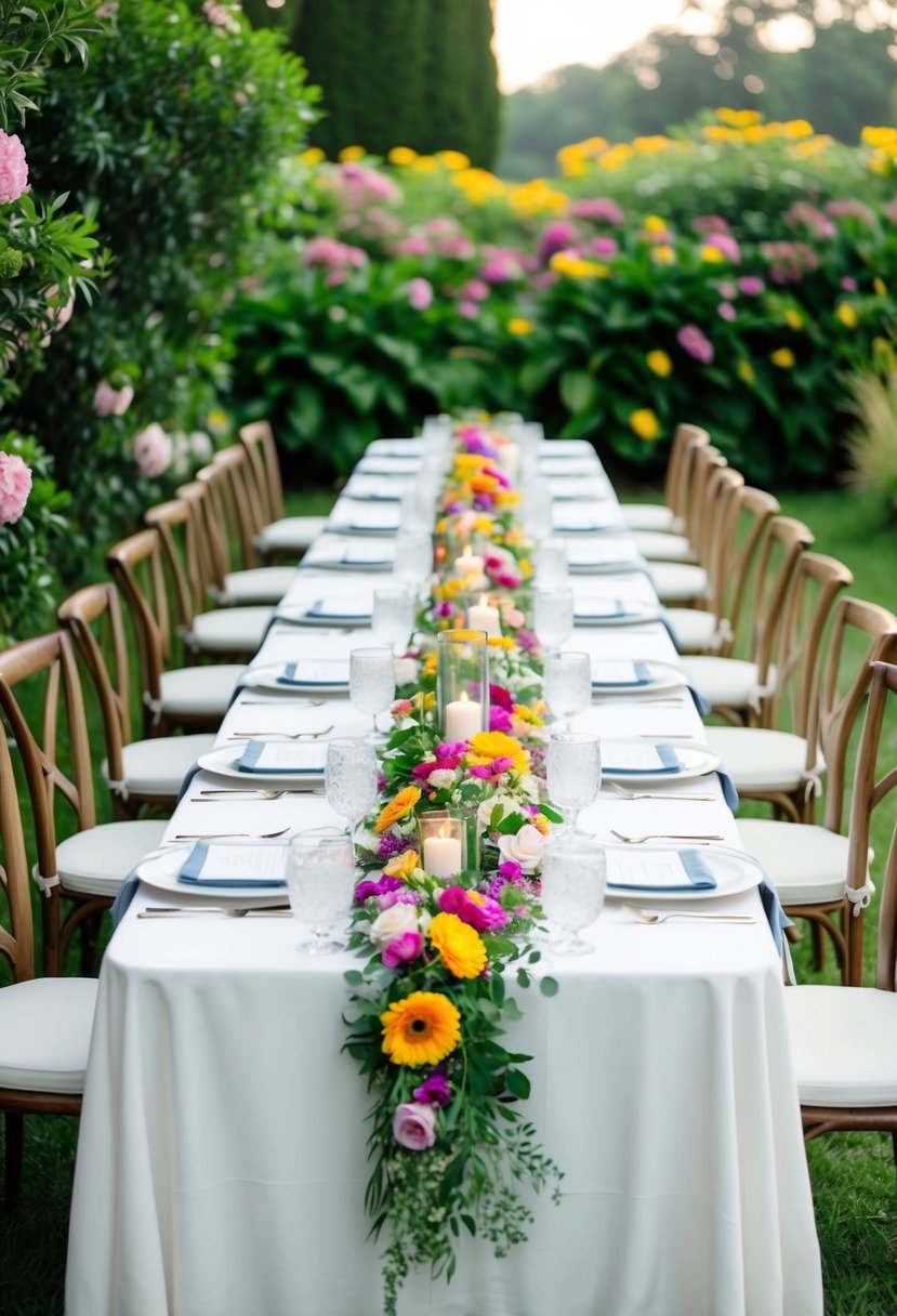 A long table set with white linens, adorned with vibrant floral table runners, surrounded by lush greenery and blooming flowers