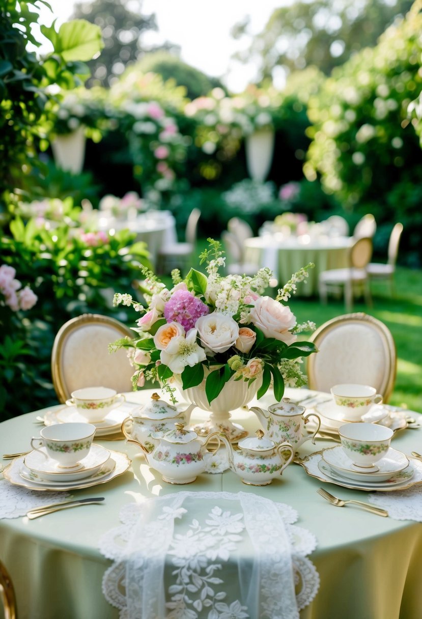 A lush garden adorned with vintage tea sets, blooming flowers, and delicate lace linens, creating a romantic and elegant wedding theme