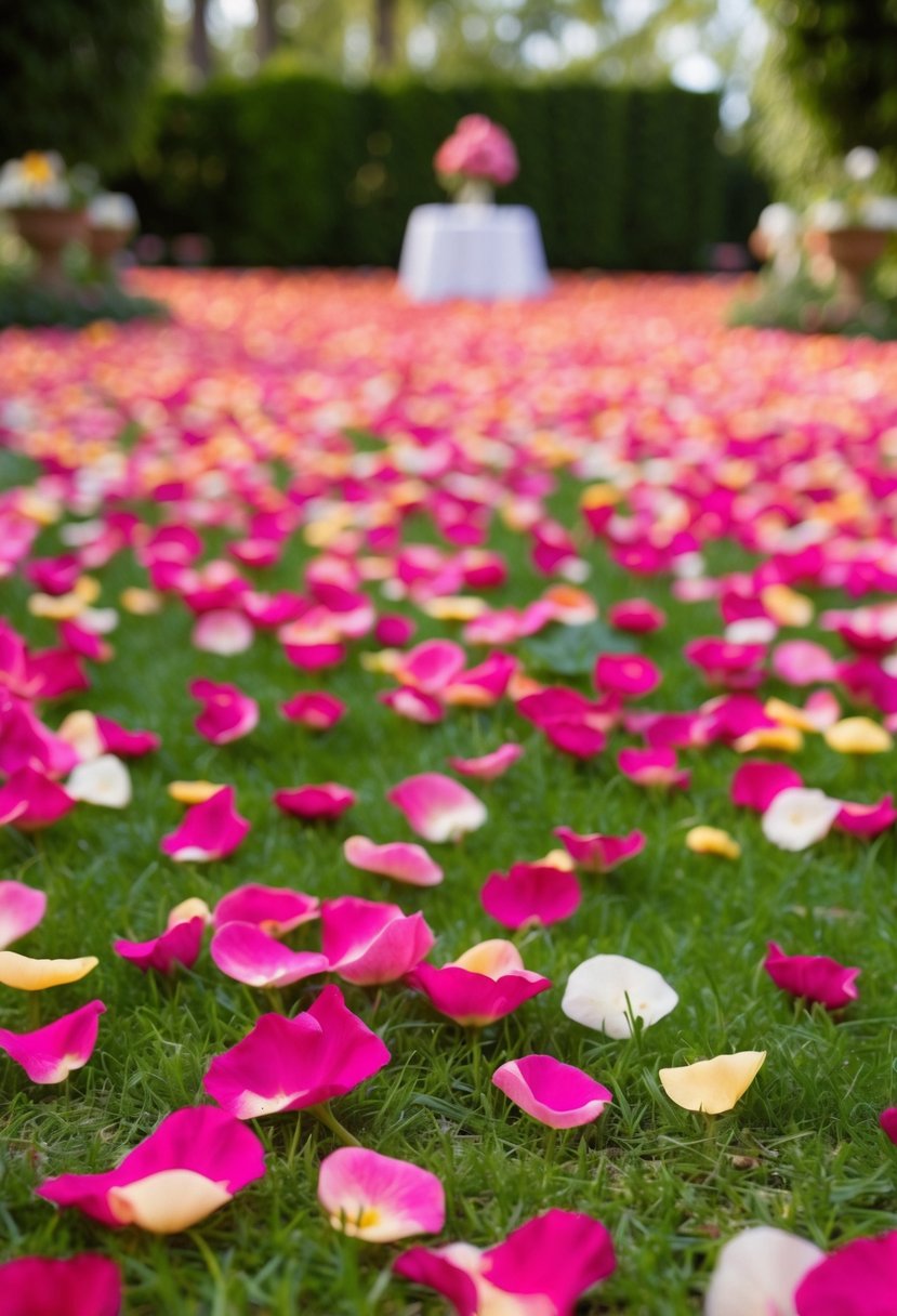 A garden filled with vibrant rose petals scattered across the ground, creating a colorful and fragrant setting for a whimsical and romantic party