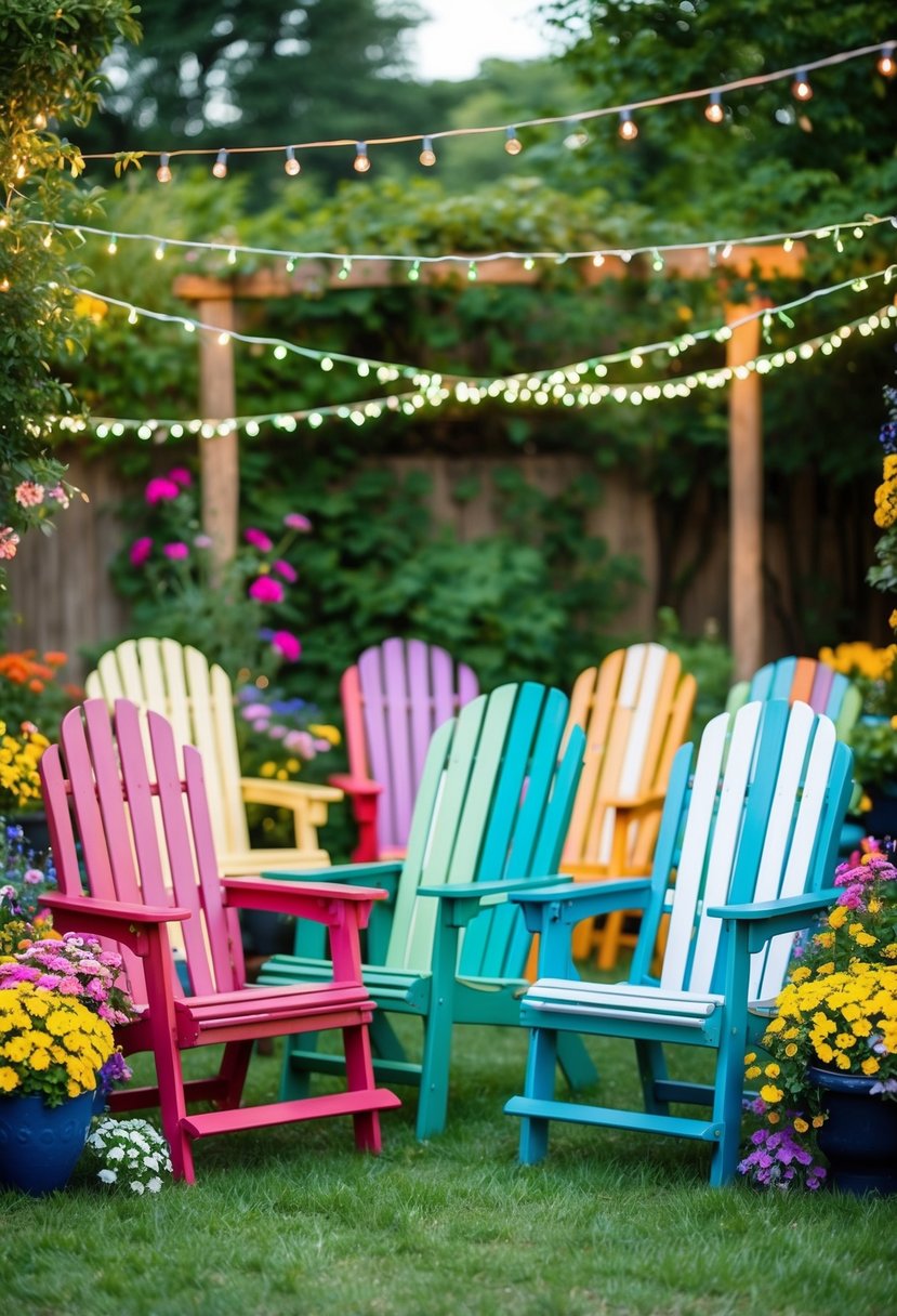 Mismatched lawn chairs arranged in a whimsical garden setting, adorned with colorful flowers and twinkling string lights