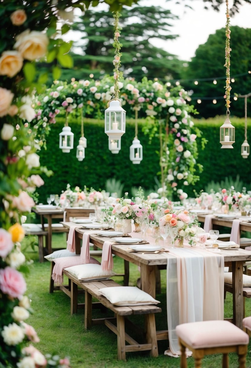 A lush garden with floral arches, hanging lanterns, and rustic wooden tables adorned with pastel-colored linens and vintage china