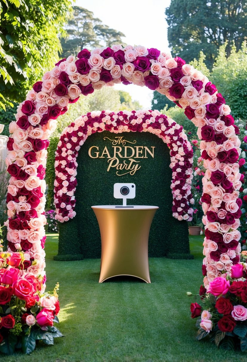 A garden party with a rose-themed photo booth, featuring a lush garden backdrop, rose-covered arches, and an array of pink and red floral decorations