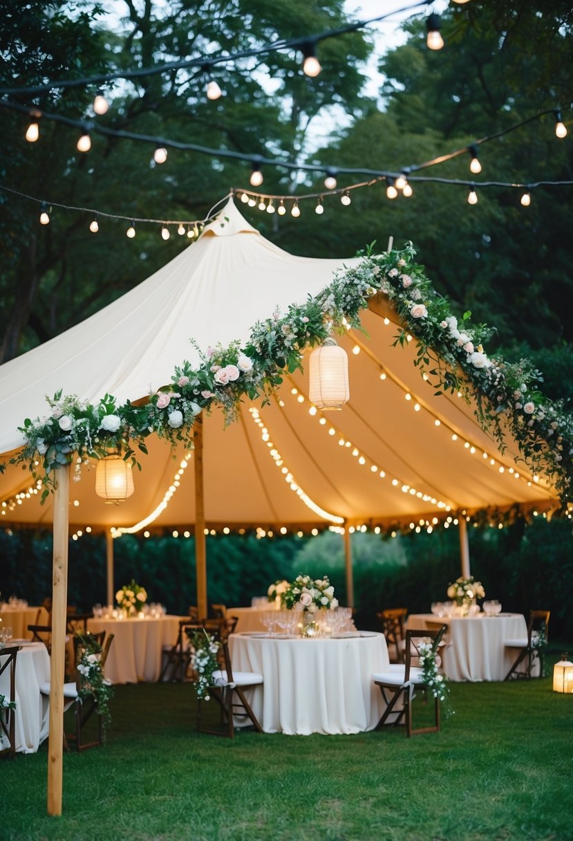 A garden canopy tent adorned with fairy lights, floral garlands, and hanging lanterns set up for a romantic wedding party