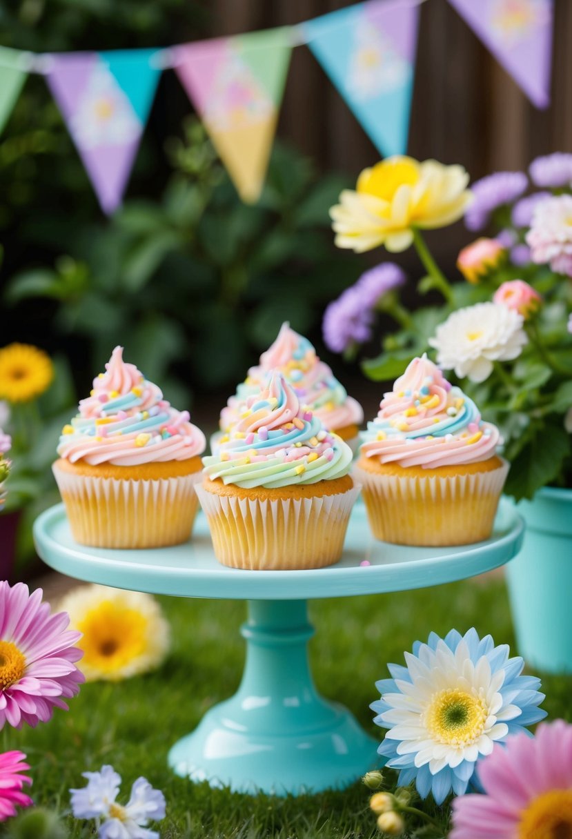 A garden party scene with cupcakes adorned with pastel rainbow sprinkles, surrounded by blooming flowers and colorful bunting