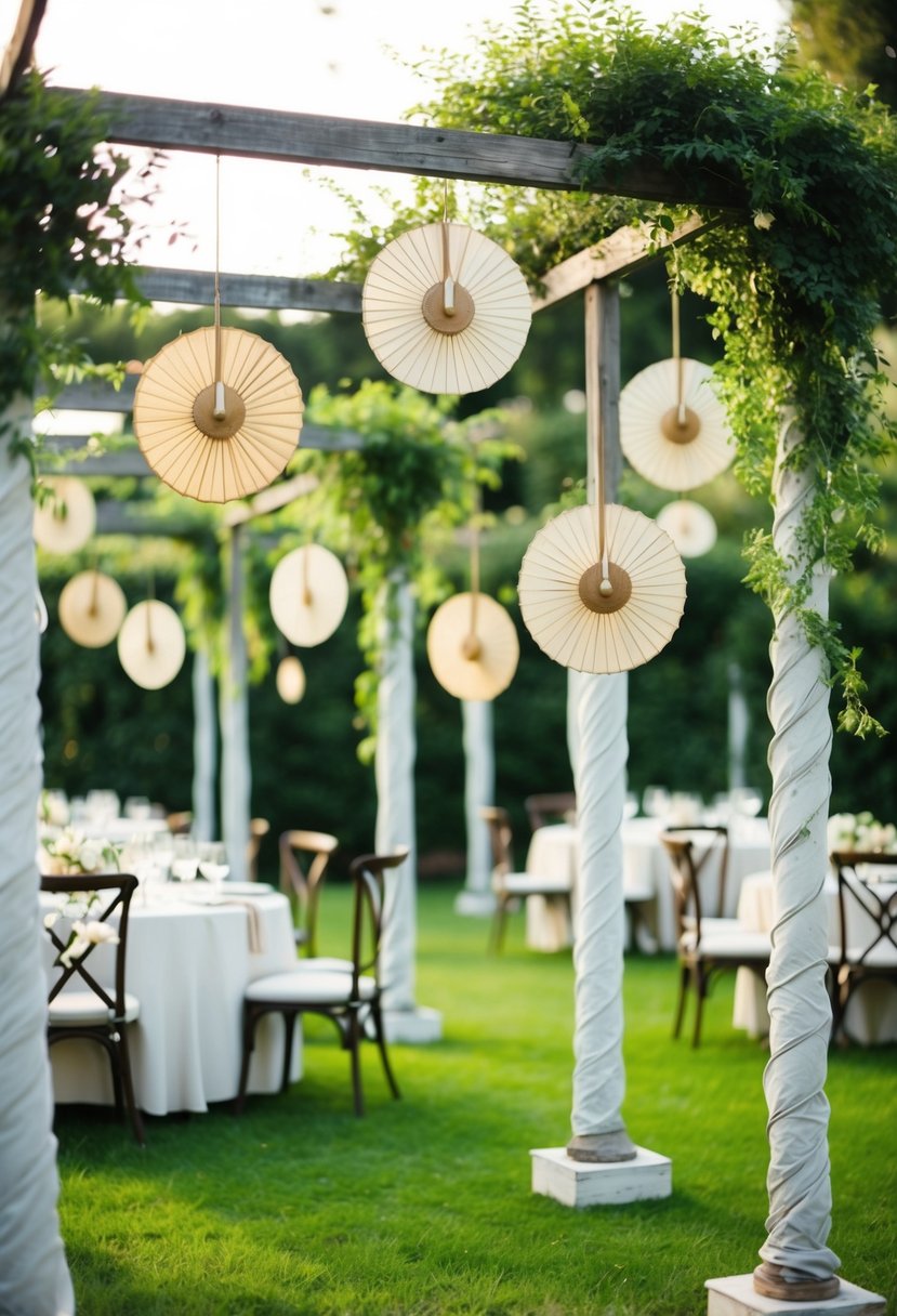 A lush garden setting with elegant, vintage fans hanging from trellises and scattered throughout, creating a whimsical and romantic atmosphere for a wedding party