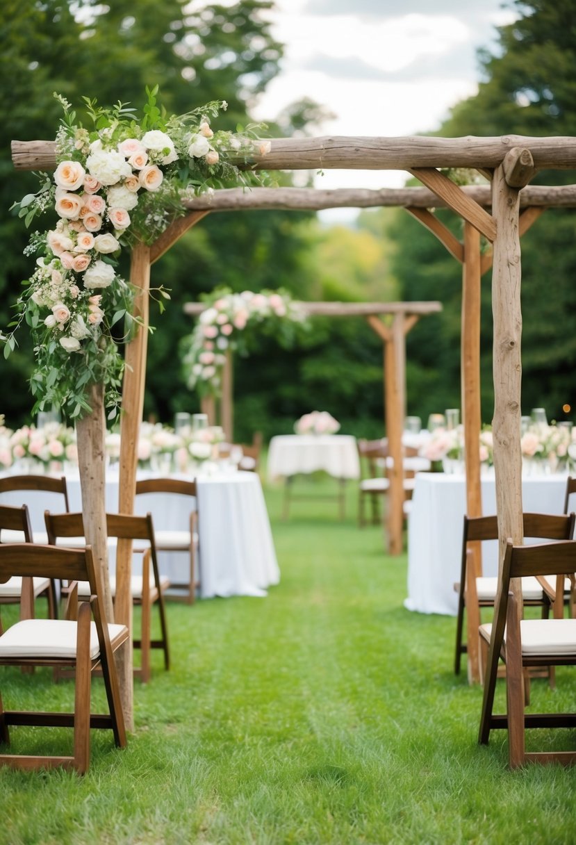 A charming garden party with rustic wooden arbors and blooming flowers sets the scene for a romantic wedding theme