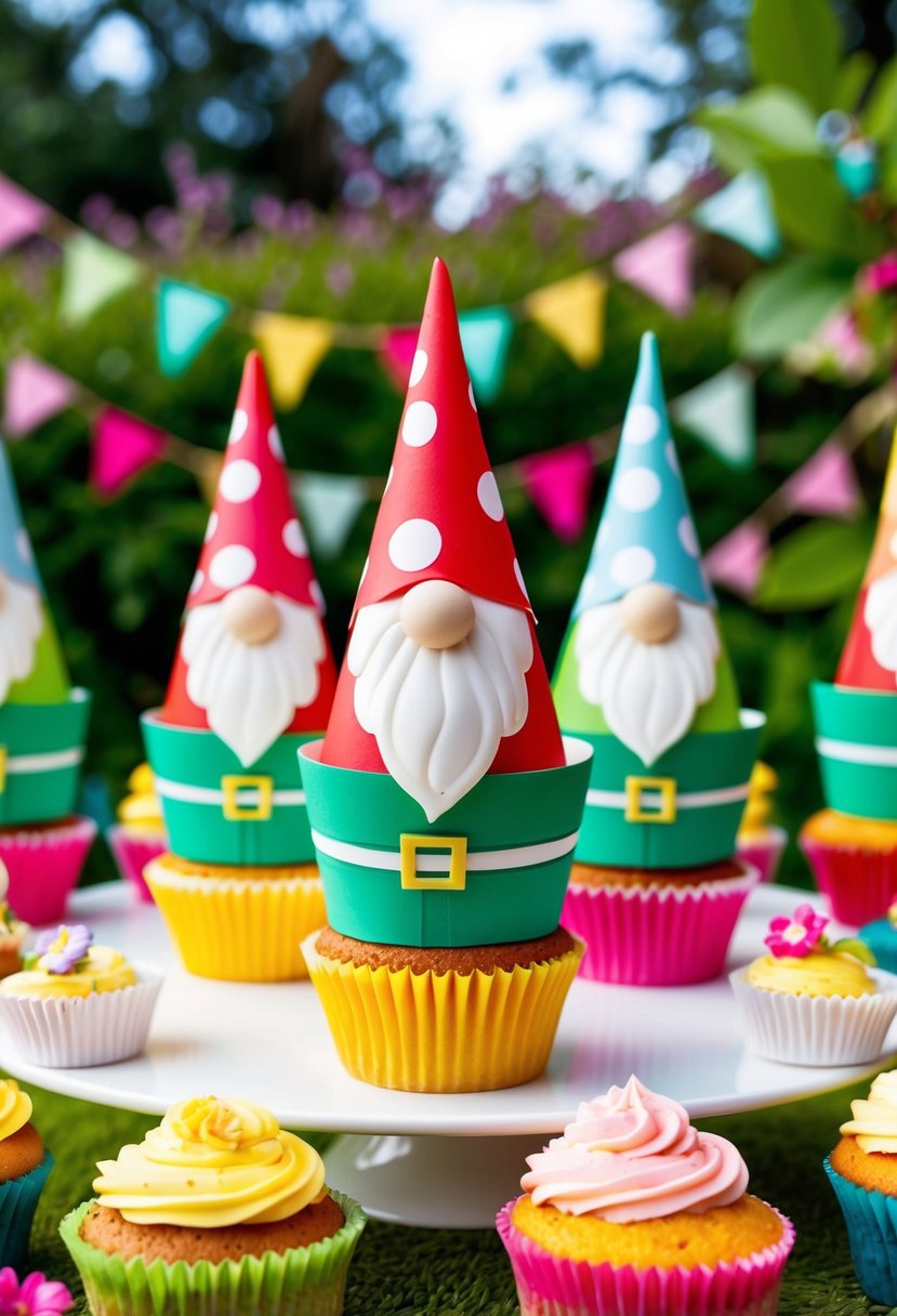 A whimsical garden gnome-themed cupcake wrappers adorning a table of colorful cupcakes at a lively garden party