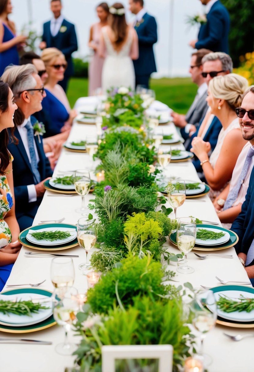 A table adorned with vibrant herb centerpieces, surrounded by guests at a garden party wedding