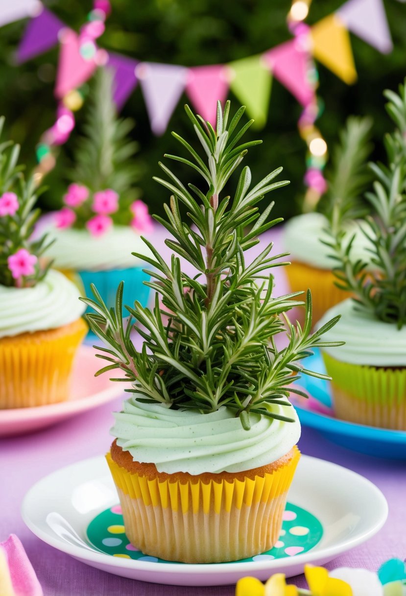 Fresh rosemary sprigs arranged on a delicate cupcake, surrounded by vibrant garden party decorations