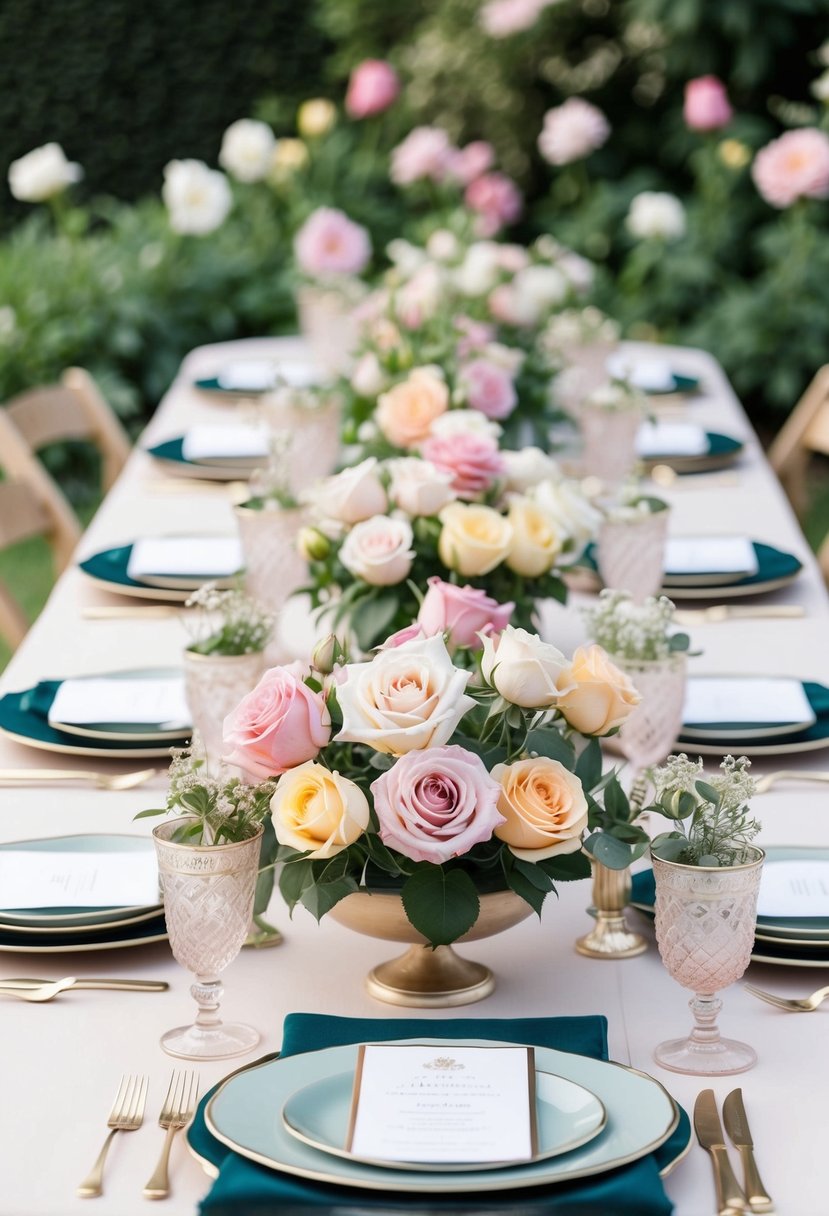 A garden party table adorned with elegant rose centerpieces in various shades, surrounded by lush greenery and delicate floral accents