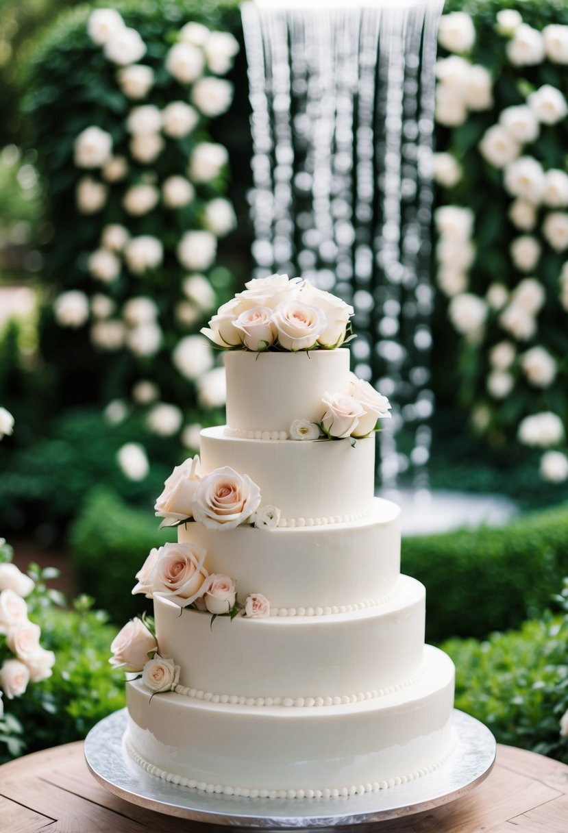 A tiered wedding cake surrounded by a lush garden with a cascading waterfall of delicate roses