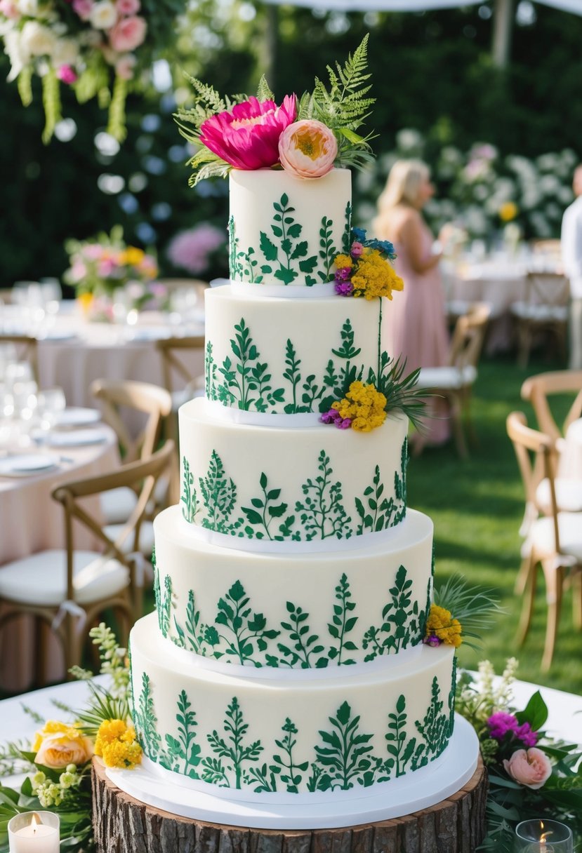 A tiered cake adorned with intricate botanical stencils, surrounded by vibrant flowers and foliage, set against a backdrop of a garden party wedding celebration