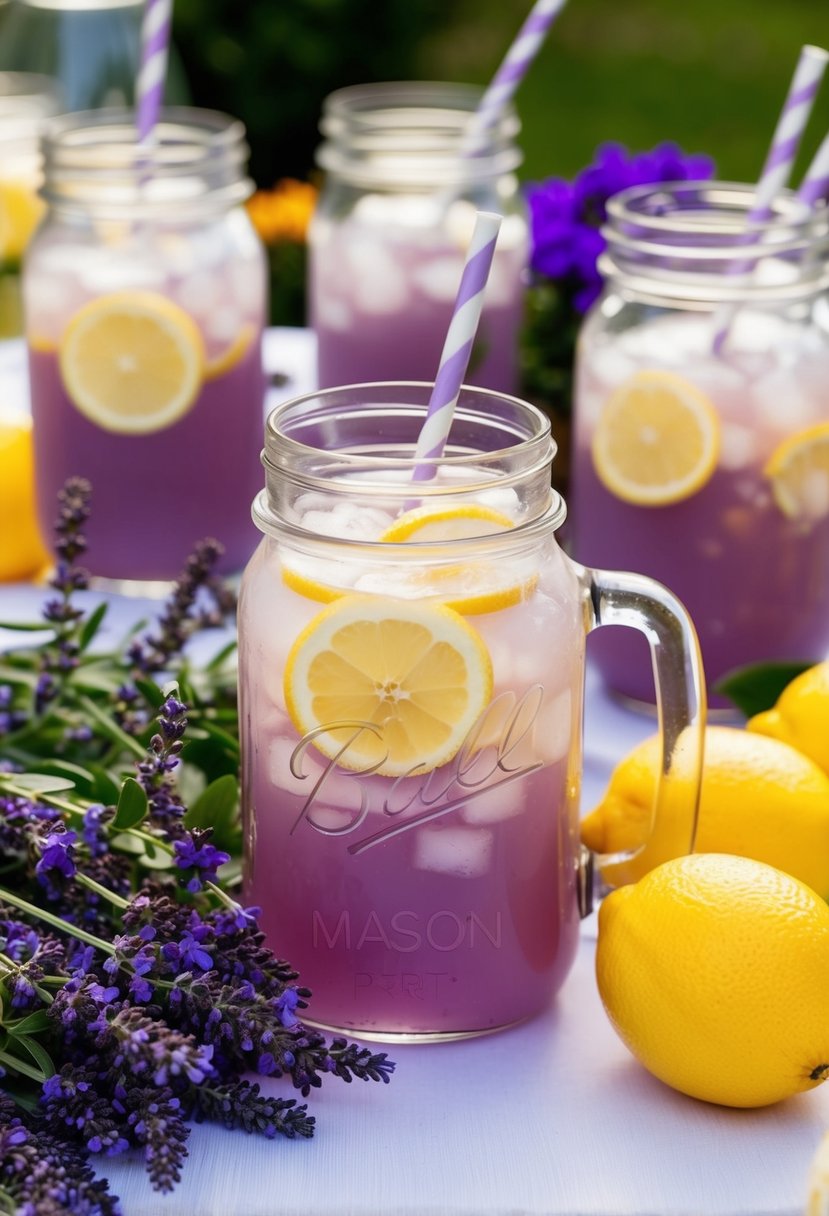Mason jars filled with lavender lemonade surrounded by blooming flowers at a garden party