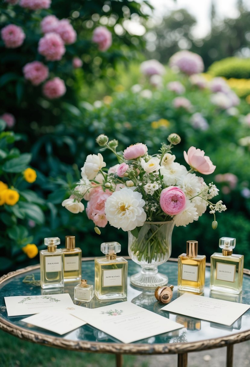 A lush garden with blooming flowers, delicate perfume bottles, and elegant invitations scattered on a vintage table